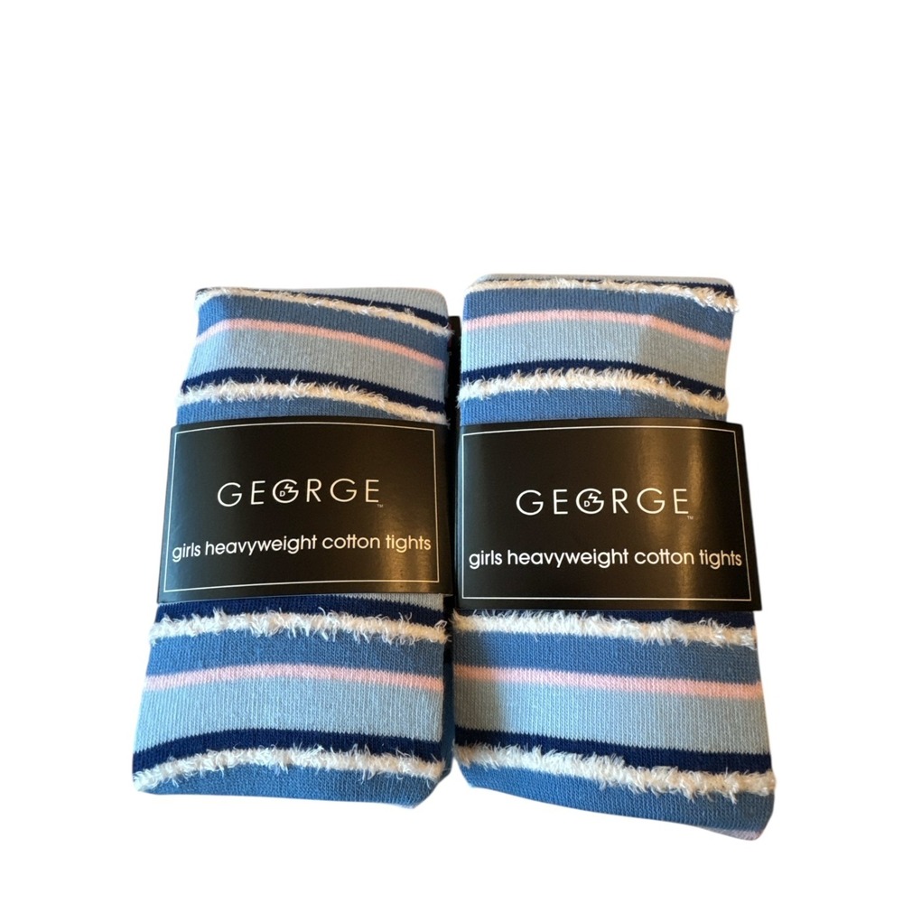 George Girls Heavyweight Cotton Tights Blue Pink‎ Stripe Chic Size 7-10 NWT 2pcs